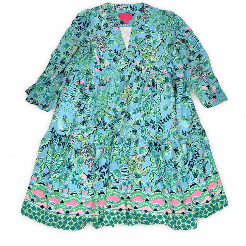 Lilly Pulitzer Martine Sea Turtle Soiree Tiered Swing Dress Blue Green Small
